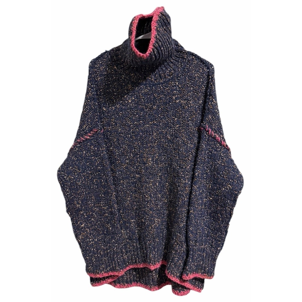 Free People Echo Navy Flecked Oversized Wool Blend Turtleneck Sweater Size Med